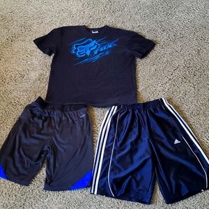 Fox shirt, Adidas shorts and Russell shorts